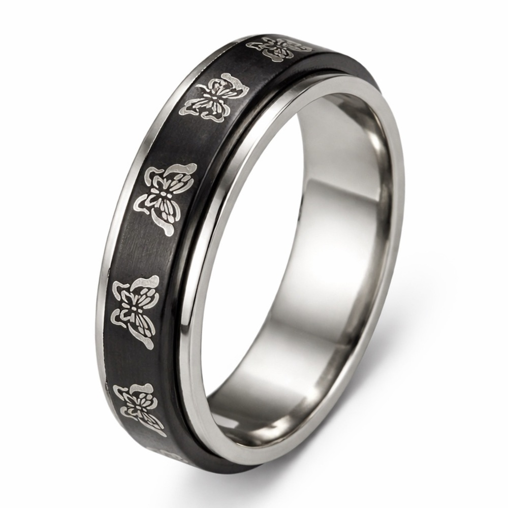 Black Butterfly Spinner Ring Stainless Steel Anxiety Band Silver Edge